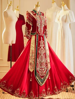 Традиционное китайское Праздничное платье для Невесты, Торжественный Банкет, Атласный Чонсам, Винтажное Восточное Свадебное платье с блестками, бисером и кисточками