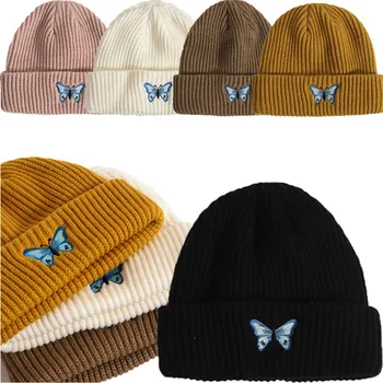 Вышитые Вязаные шапочки с бабочками Для Детей, детские однотонные Теплые Осенне-зимние шапки для девочек и мальчиков, Капоты, Шапочки-Бини