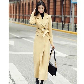 Популярное осенне-зимнее Новое Желтое Шерстяное пальто 2021 Года, Женское Длинное Шерстяное пальто выше колена в корейском стиле Slim Fit Темперамент