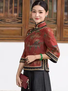 Китайский костюм эпохи тан, блузка, традиционный чонсам, восточная одежда для женщин, топы, традиционный осенний топ с винтажным цветочным рисунком, ципао