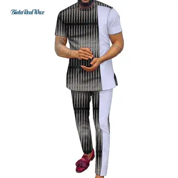 Мужская Африканская одежда Дашики, топ, футболка с аппликацией и Длинные Брюки, Комплекты Bazin Riche, Африканская одежда с Принтом, Комплекты брюк из 2 предметов WYN1479
