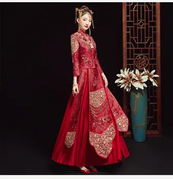 Autumn Red Embroidery Chinese Wedding Dress Bride Traditional  Banquet Classic Cheongsam China Qipao костюм для восточных