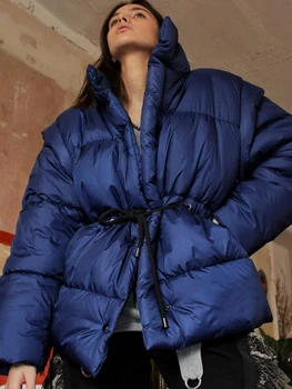 Зимнее Модное длинное пальто со съемным рукавом и воротником-стойкой для женщин, Повседневное Свободное Хлопковое пальто с завязками на талии и пуговицах