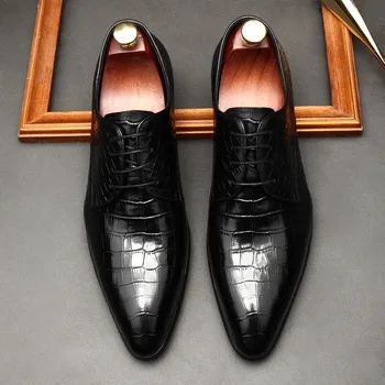 Роскошная обувь, Итальянская мужская модельная обувь, натуральная кожа, Черные Коричневые оксфорды, мужские свадебные туфли с крокодиловым узором, официальная обувь для мужчин