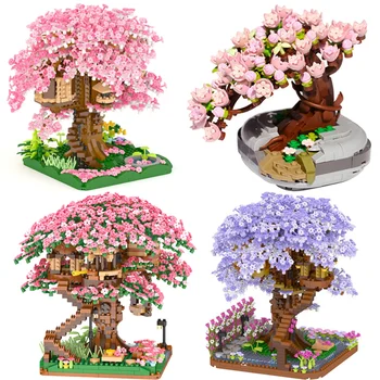 Мини-домик на дереве Сакура, строительный блок, вид на улицу, Модель цветущей сакуры, строительные блоки, игрушки своими руками для детей, игрушка В ПОДАРОК