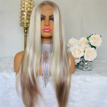 Синтетические кружевные парики с прямыми волосами коричневого и светлого цвета, смешанные цветные парики с подсветкой для женщин, 2x4 