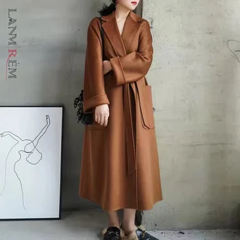 LANMREM Популярное 2022 высококачественное двустороннее шерстяное пальто с водной рябью, женский длинный халат, осенне-зимнее пальто для женщин 2A462