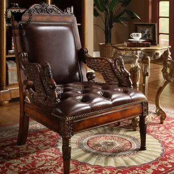 Изготовленный на заказ американский европейский ретро резной стул для отдыха из цельного дерева с сердцевиной из красного дерева, кожаный коричневый резной квадратный мастер-стул, лебединый стул