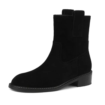 2023 Женские ботильоны из натуральной кожи, осенне-зимние ботинки в западном стиле, черный, коричневый, Хаки, с круглым носком, на массивном каблуке, Модная повседневная обувь