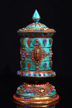 Коллекция Тибетского Храма 8 дюймов, Старый Бронзовый Позолоченный Драгоценный Камень, Бусины Дзи, Пословицы с Шестью Символами, молитвенное колесо, воспевающее Дхарму, Городской дом