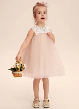 Тюлевое платье в стиле ампир Длиной до колен, Свадебное платье в цветочек для девочек, Короткое платье Принцессы на День Рождения, Элегантное платье для детей
