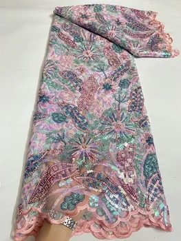Новейшая Африканская Кружевная Ткань 5 Ярдов 2023, Высококачественная Французская Сетчатая Кружевная Ткань С Блестками В Нигерийском Стиле Для Женщин, Вечернее Платье Из Ткани