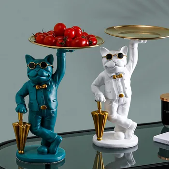 Статуя собаки из смолы, Дворецкий С Подносом для стола для хранения, Украшения для гостиной, французский Бульдог, Декоративная скульптура, подарок для рукоделия