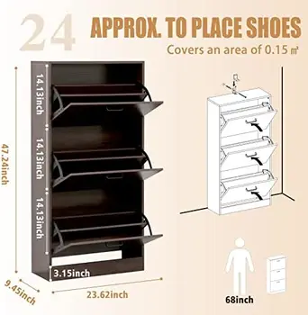 Обувной шкаф для прихожей с 3 откидными дверцами и регулируемой полкой, Узкий шкаф для хранения обуви из дерева, Современный Отдельно стоящий шкаф
