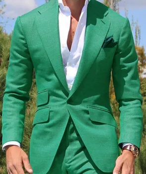 Зеленые Мужские костюмы, Официальные Деловые Смокинги с вырезами на лацканах, однотонный Пиджак на одной пуговице, 2 предмета, Женихи на Свадьбу (блейзер + брюки)