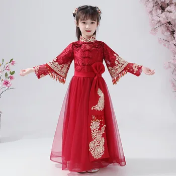 Платье с цветочным узором для девочек, Хань Фу, детское Драматургическое платье, Китайские традиционные Древние платья с вышивкой, Одежда для Данде, Косплей