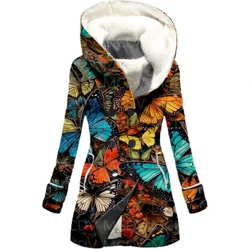 Флисовый плащ с капюшоном с 3D принтом Бабочки, женское толстое теплое пальто, Женское зимнее теплое пальто 02