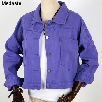 Женское джинсовое пальто, Новая весенне-осенняя куртка, Корейские свободные короткие джинсы, Верхняя одежда фиолетового цвета, студенческие куртки, топы для бойфренда