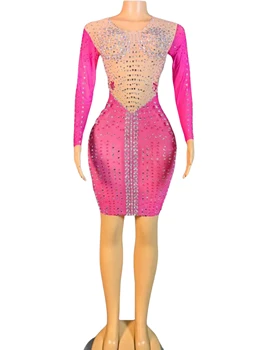 Розово-красное Элегантное мини-платье с длинным рукавом на День рождения Для женщин, эластичная блестящая одежда для певицы в стиле Bling, одежда для сцены