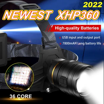 Новый 36-Ядерный Мощный Налобный фонарь XHP360 XHP220 LED USB Фонарик 7800 мАч, Налобный Фонарь, Перезаряжаемый Фонарь с Зумом, 800000000LM