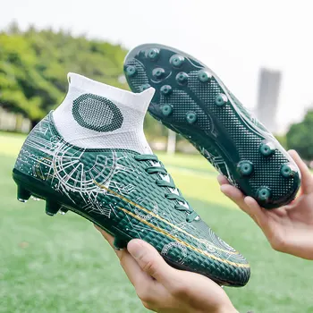 Зеленая Мужская футбольная спортивная обувь с высоким берцем FG TF, профессиональные нескользящие футбольные бутсы, мужская дышащая обувь для футбольных тренировок, женская