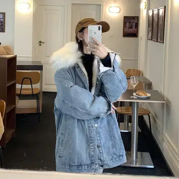 Джинсовое пальто с пушистым воротником, женская зимняя корейская версия, свободное, новинка 2022 года, Harajuku, утолщенный топ из овечьей шерсти, модное теплое пальто