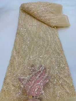 5 ярдов Африканской кружевной ткани с пайетками, Высококачественное Французское Тюлевое Кружево из бисера, Нигерийский Гипюр, Материал Для Свадебного платья