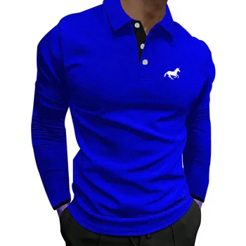 Новая модная мужская рубашка поло в простом стиле с длинным рукавом, мужские спортивные деловые облегающие топы, рубашка поло.