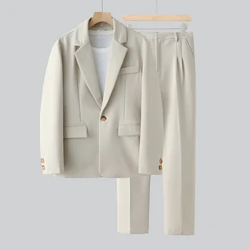 (Блейзер + брюки) Бежевый мужской модный комплект из 2 предметов, корейский свободный повседневный ветрозащитный красивый тонкий трендовый мужской офисный строгий костюм