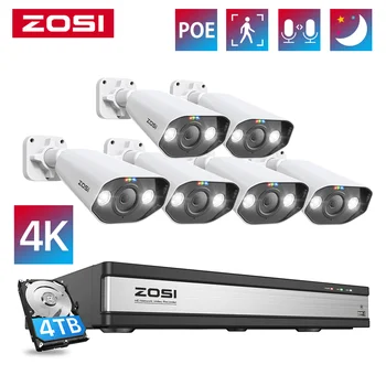 ZOSI 16CH 4K Spotlight PoE Система видеонаблюдения 8MP CCTV NVR с жестким диском емкостью 4 ТБ, Комплект Наружных PoE IP-камер 4K Super HD