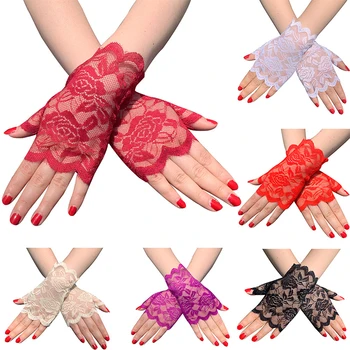 Женские сексуальные кружевные эластичные перчатки с розами на половину пальца для вождения, свадебная вечеринка, солнцезащитные рукава перчатки без пальцев