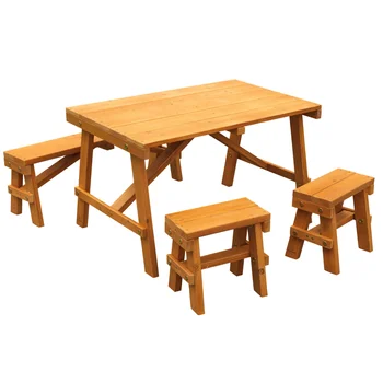 Деревянный стол для пикника на открытом воздухе с тремя скамейками, детская мебель для патио, янтарный