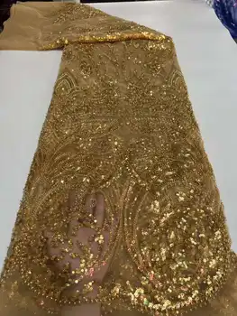 Золотая африканская французская сетчатая вышивка Роскошная Кружевная ткань ручной работы с 3D блестками, вышитая бисером Для свадебного вечернего платья