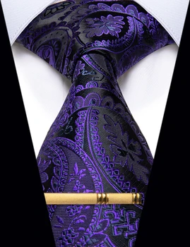 Регулируемый Фиолетовый Роскошный мужской галстук Пейсли с зажимом, Черный цветочный галстук для мужской вечеринки, свадьбы, Yourties D-9055-LJ9001