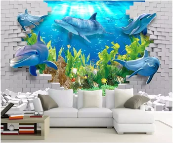 3d настенные фрески обои для стен гостиной 3 d фотообои Морской мир Дельфин Морские водоросли Кирпичная стена Украшение дома