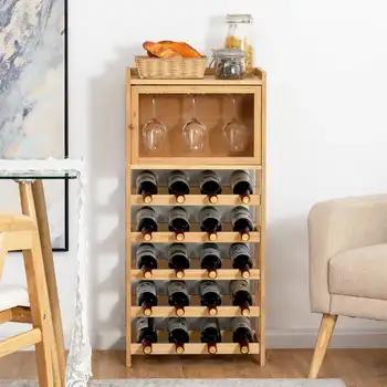Модный бамбуковый винный шкаф на 20 бутылок, Отдельно стоящая полка для дисплея со стеклянной вешалкой