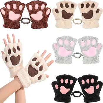 Зимние теплые перчатки на полпальца для женщин, милые мультяшные перчатки с кошачьей лапой, Аниме-Котенок, Утолщенные Пушистые плюшевые варежки без пальцев, подарки