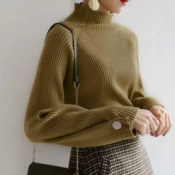 Женский мягкий эластичный однотонный пуловер, топы с длинными рукавами и пуговицами, осенне-зимний вязаный свитер с полувысоким воротником, женский джемпер