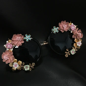 Новая мода барокко Для женщин И Девочек, Солнцезащитные очки с металлическим цветком, Ретро Роскошные Солнцезащитные очки с драгоценными камнями, Летние Пляжные Очки