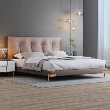 Итальянская чрезвычайно простая кожаная кровать простая легкая роскошная свадебная кровать из массива дерева высококачественная мягкая сумка queen bed