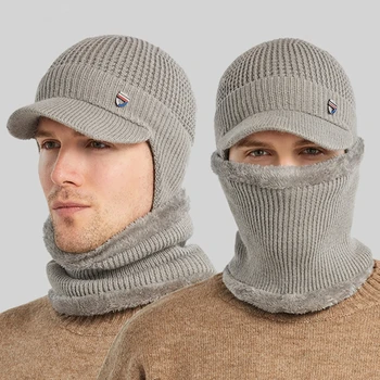 Мужская зимняя шапка для защиты ушей от холода с шарфом, теплая уличная зимняя вязаная шапка на плюшевой подкладке, Шерстяная шапка, пуловер