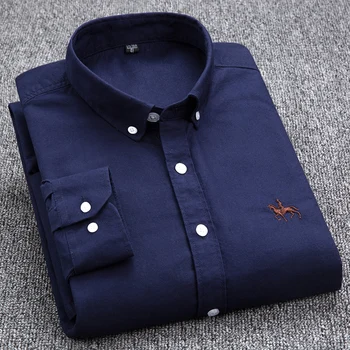 Рубашки из ткани Оксфорд, Мужские Высококачественные Однотонные элегантные рубашки с Длинным рукавом, Дизайнерский Бренд Regular Fit, темно-синий, Корейский, Корейская мужская одежда