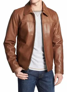 Новая Мужская куртка из натуральной кожи, куртка в стиле рубашки из натуральной коричневой кожи, европейские и американские модные тенденции