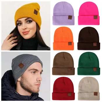 Зимние шапки, шапочки для женщин, мужчин, Вязаные Однотонные Милые Осенние женские шапочки-Бини, Теплая шапочка, Повседневная кепка