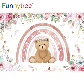 Фон для Вечеринки в честь Дня рождения Funnytree Baby Shower Розовый Цветочный We Can Bearly Bear Girl Декор из Радужных Перьев Фон для фотосессии