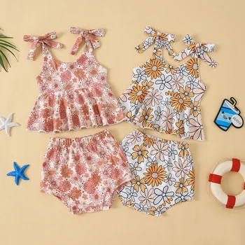 EWODOS/ Комплект Шорт для маленьких девочек от 3 до 24 месяцев, Летние Милые Наряды, Повседневная Праздничная Жилетка с цветочными Оборками + Короткие Комплекты