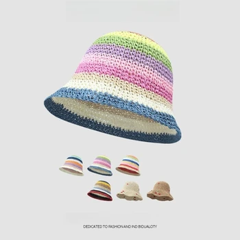 Соломенная шляпа ручной работы в радужную полоску, Женская пляжная рыбацкая шляпа, летняя солнцезащитная шляпа от Солнца, Женская Панама