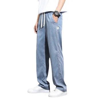 Мужские джинсы Летние Тонкие Модные брендовые Прямые Свободные из Ледяного шелка, широкие Летние повседневные длинные Брюки для мужчин
