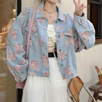 Женская одежда, джинсовое пальто оверсайз с цветочным принтом, весенне-осенний Повседневный модный топ в корейском стиле, милый шик для женщин