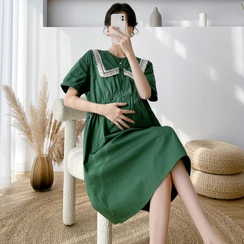 Зеленые Платья для беременных с коротким рукавом, Кружевное лоскутное платье с отложным воротником, на пуговицах, с завязками на талии, Платье трапециевидной формы для беременных женщин
